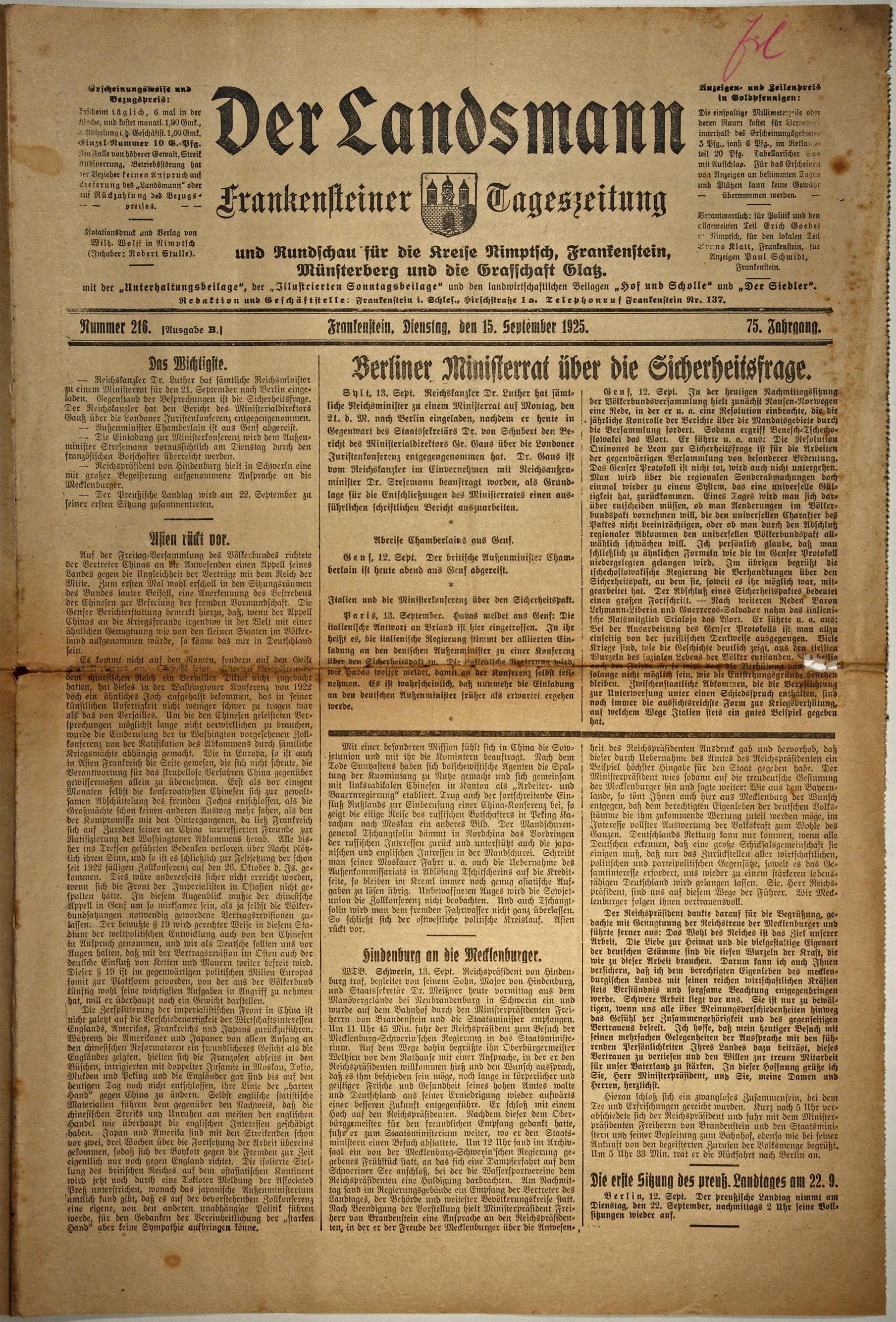Der Landsmann 15.09.1925 Seite 1