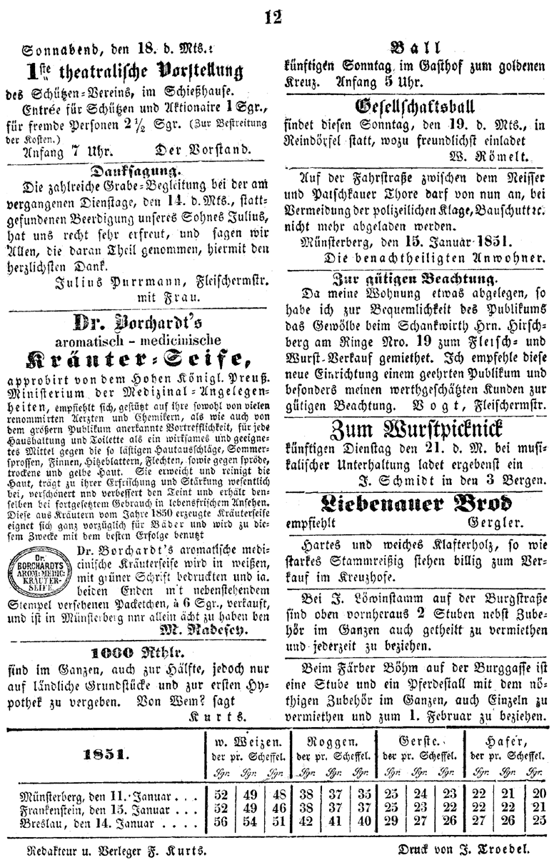 Münsterberg Wochenblatt 1851 3d