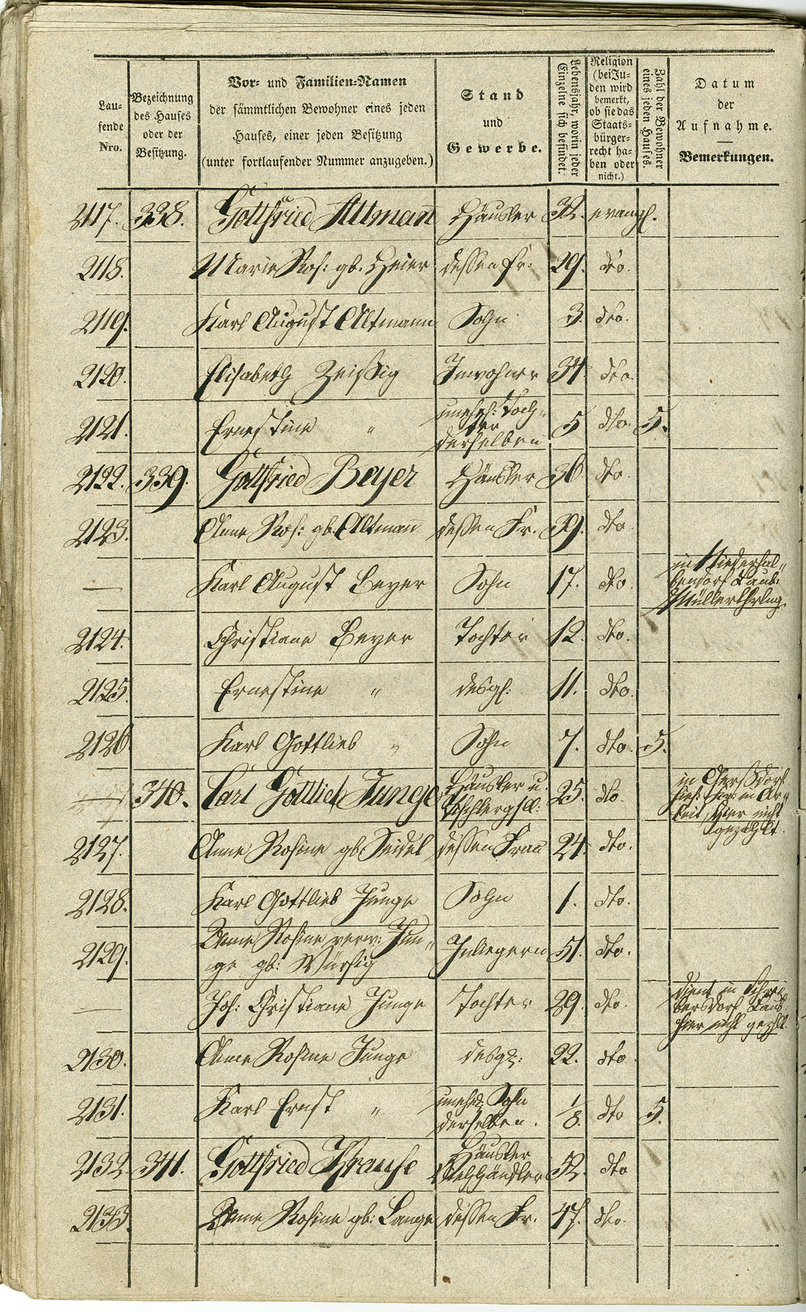 Waldau Einwohnerverzeichnis 1843 Seite 118