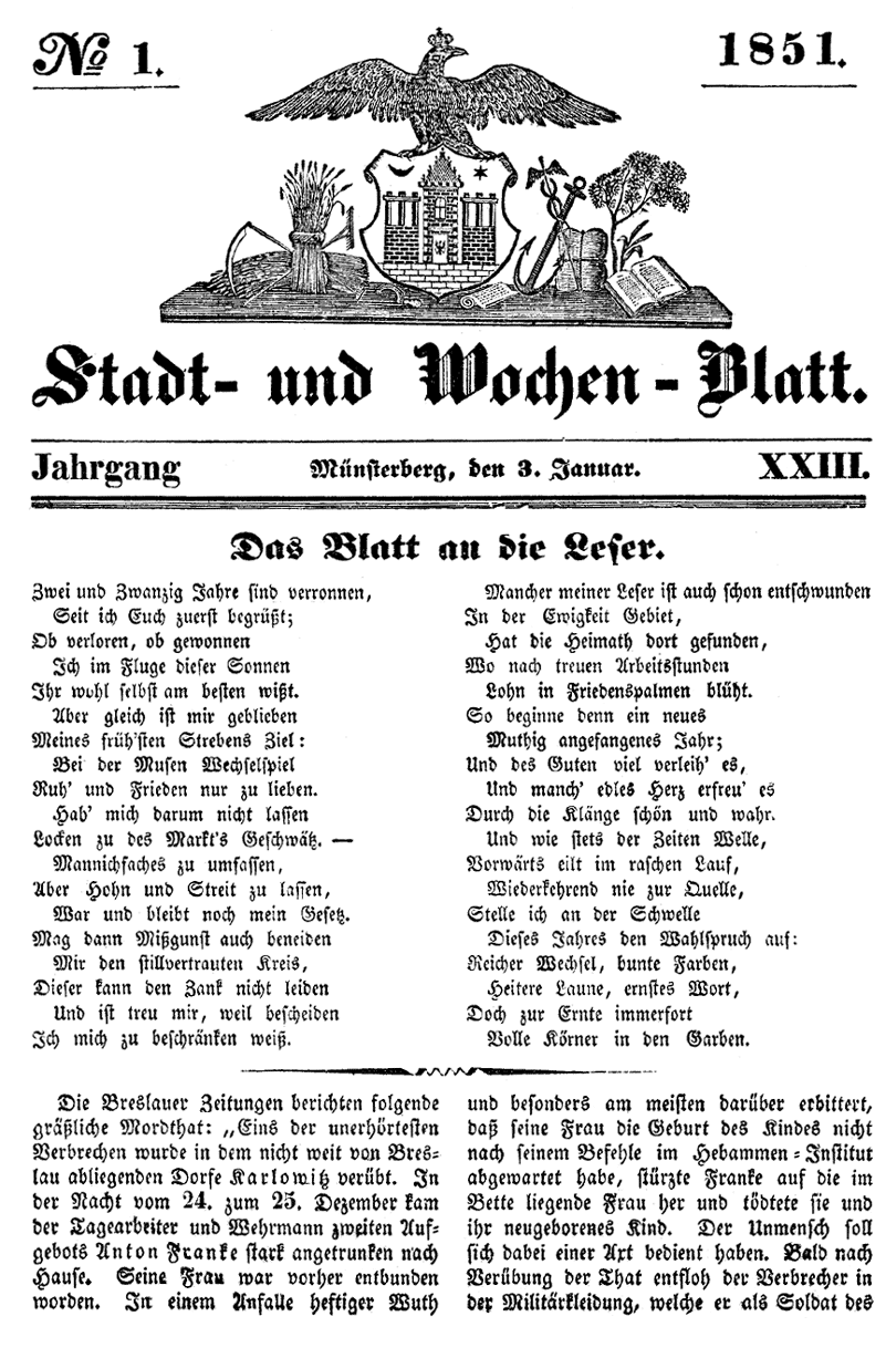 Münsterberg Stadtblatt 1851 1a