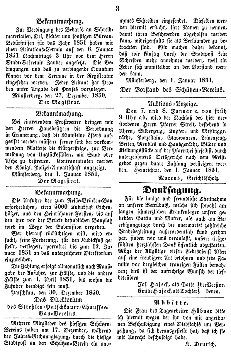 Münsterberg Stadtblatt 1851 1c