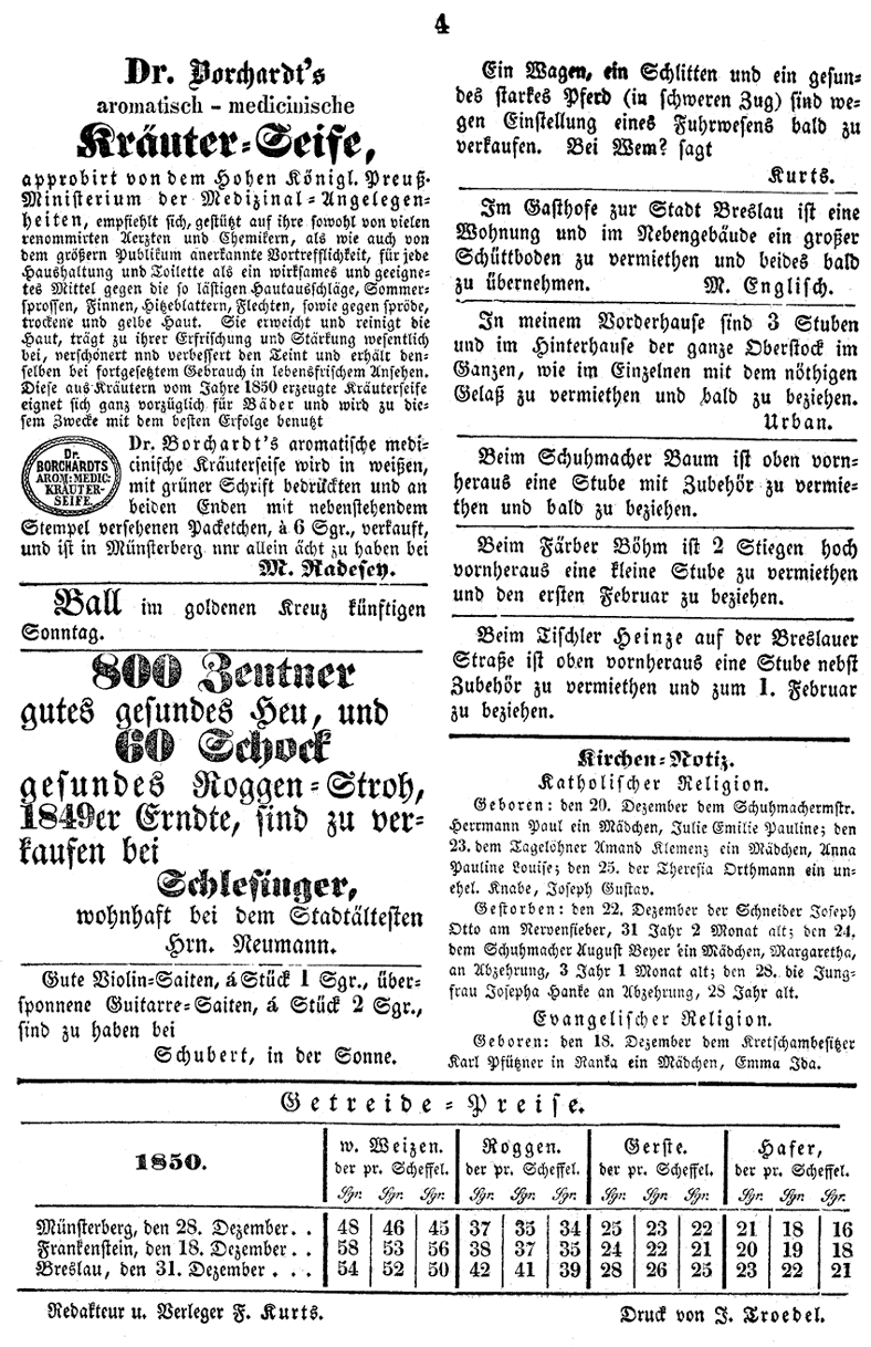 Münsterberg Stadtblatt 1851 1d