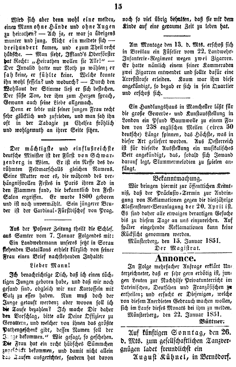 Münsterberg Wochenblatt 1851 4c